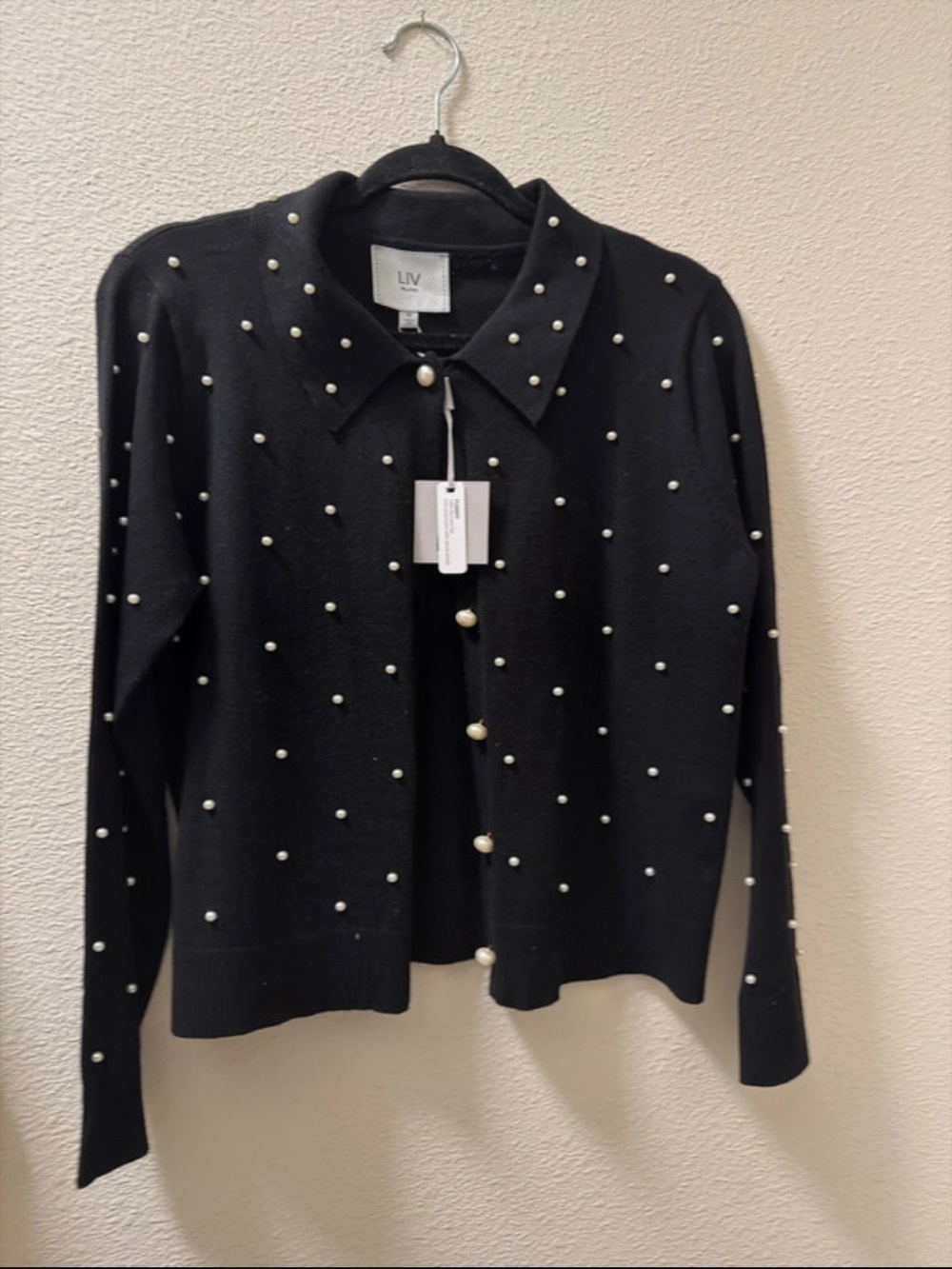 LIV Black Pearl-Embellished Collared Cardigan